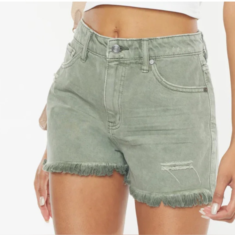 KanCan Olive Green Distressed Frayed Hem Jean Shorts
